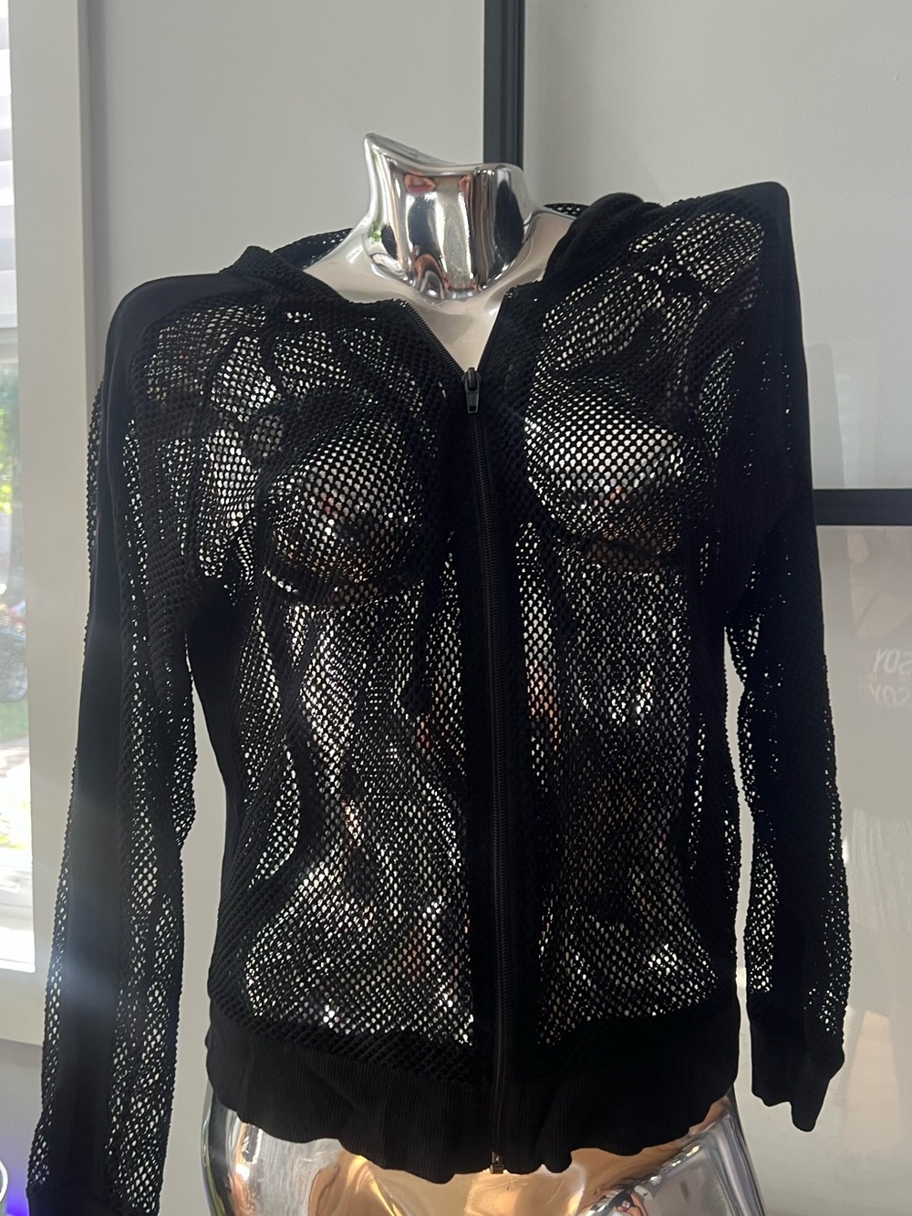 INC International Concepts Black Mesh Zip Hoodie Jacket